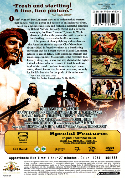 Apache on DVD, Action, Burt Lancaster, Jean Peters