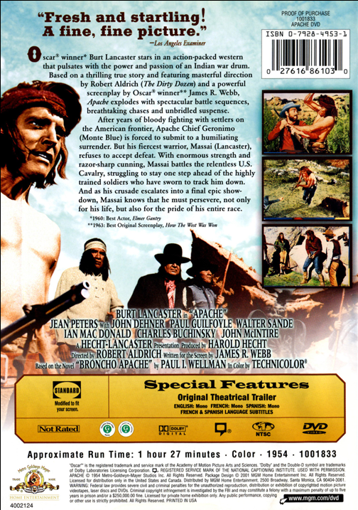 Apache on DVD, Western, Burt Lancaster, Jean Peters