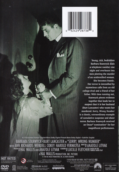 Sorry, Wrong Number on DVD, Drama, Barbara Stanwyck, Burt Lancaster