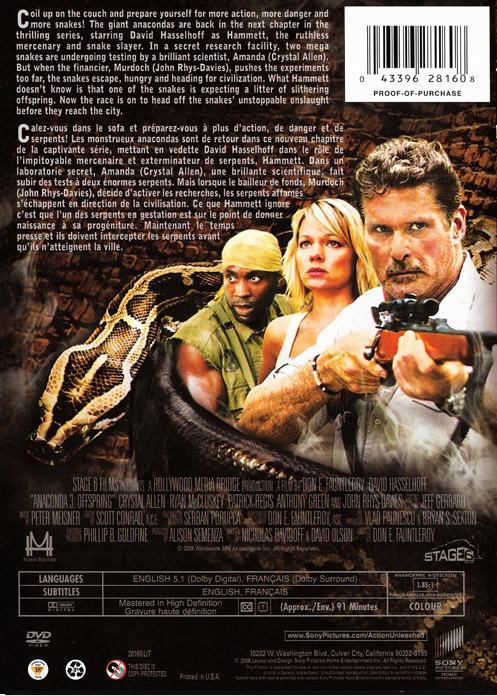 Anaconda 3: Offspring on DVD, Action, David Hasselhoff, Crystal Allen
