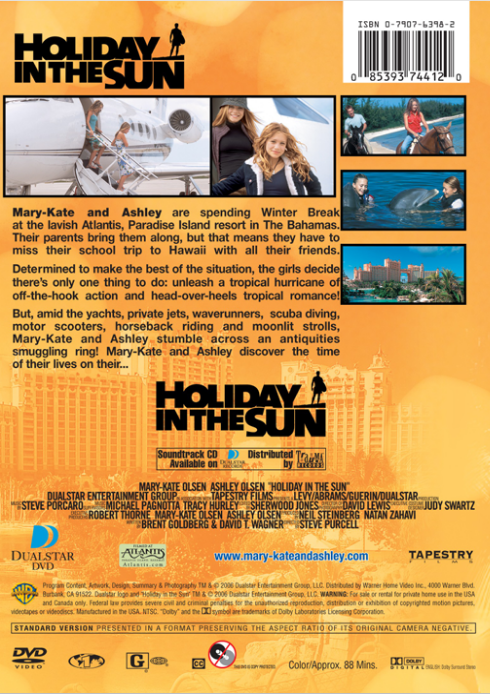 Family movie DVD "Holiday in the Sun" featuring Mary-Kate and Ashley Olsen, shown on a DVD cover image.
