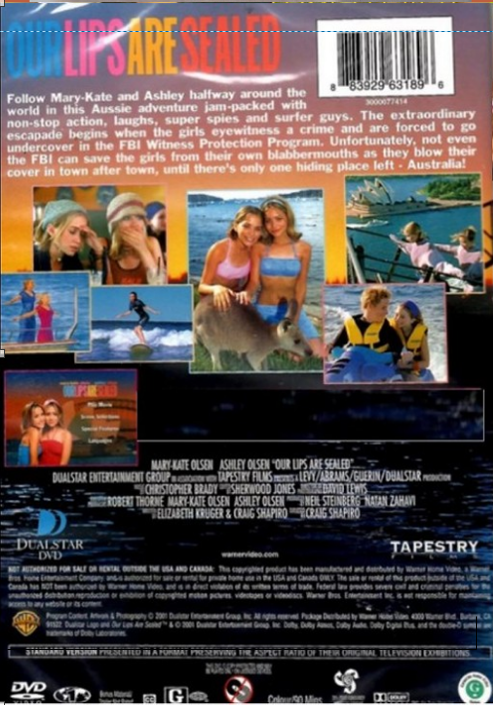 Screenshot from "Our Lips Are Sealed" DVD featuring Mary-Kate and Ashley Olsen in a family comedy movie.