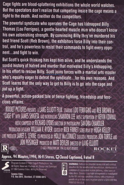 Cage II on DVD, Action, Lou Ferrigno, Reb Brown
